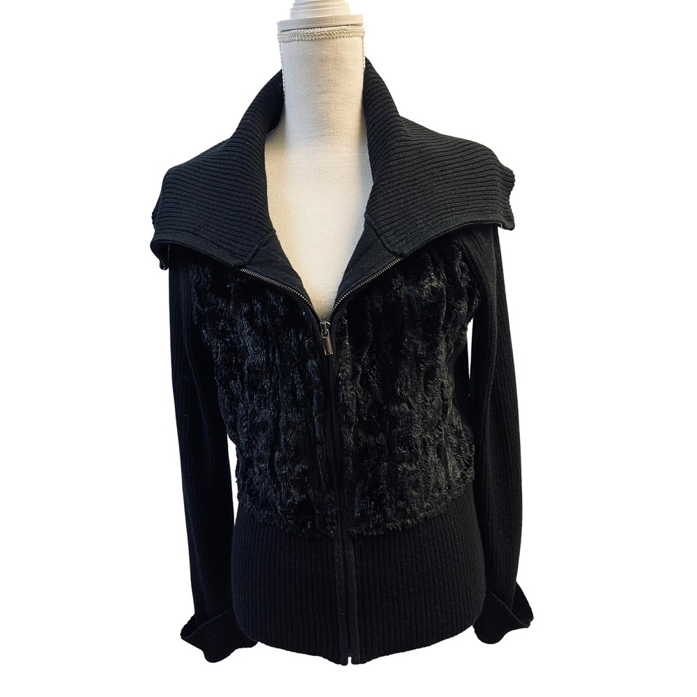 Cache L Zip Up Wool Blend Ribbed Knit Cardigan Black Faux Fur Gothic Y2K Glam
